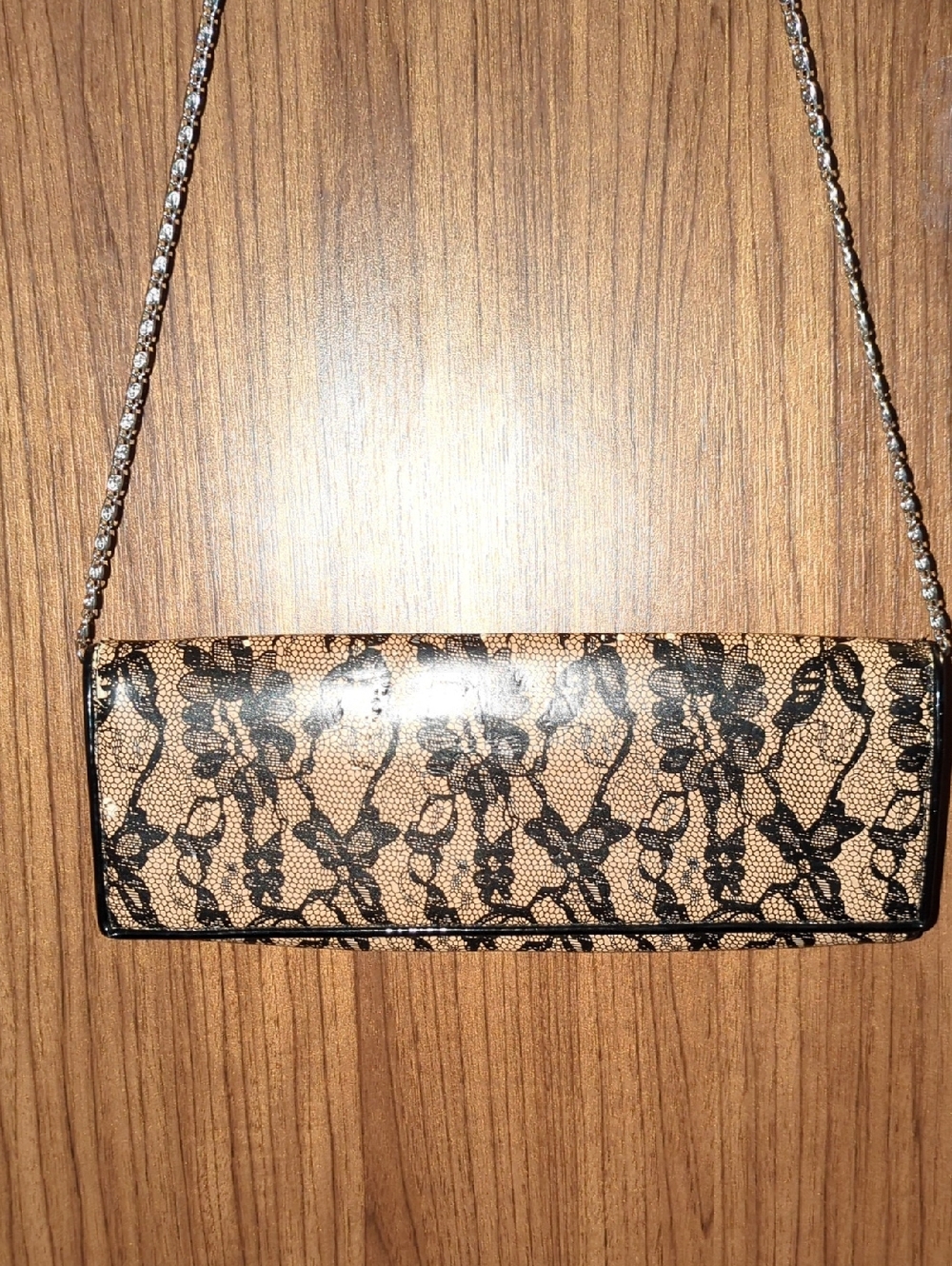 Aldo Tan Clutch with Black Lace-Print and Chain Strap